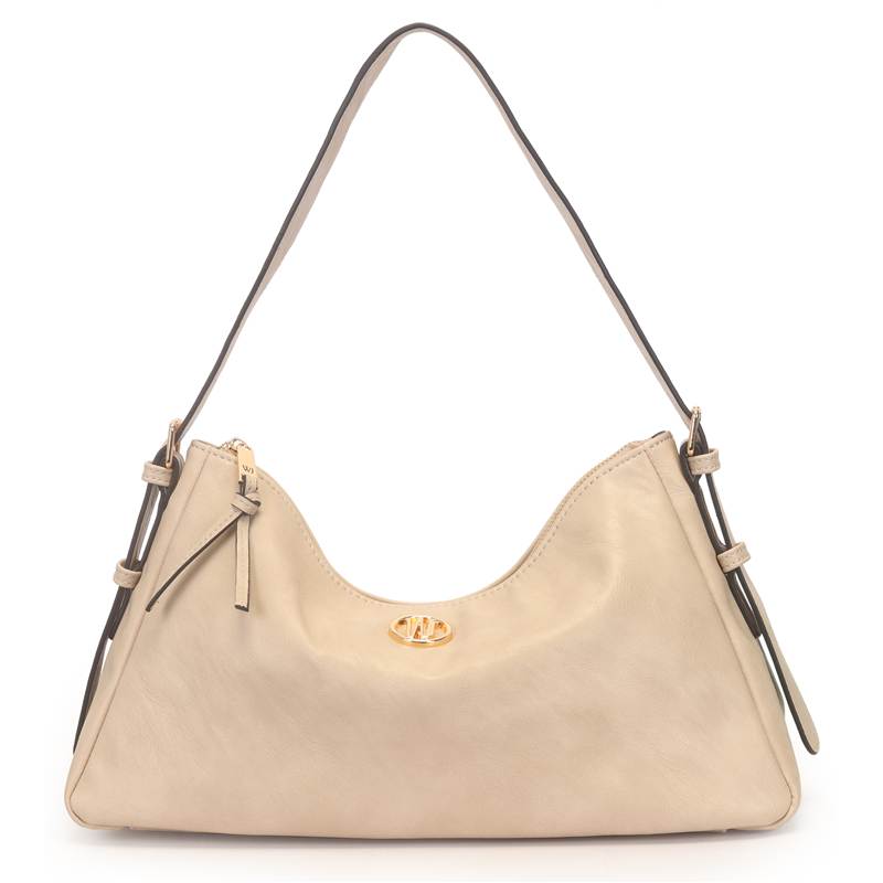 Bolsa hobo casual feminina bege vista frontal com detalhes metálicos dourados